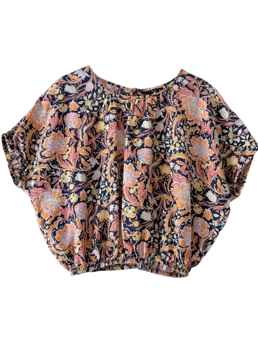 100% Linen Navy Floral Short Sleeve Bubble Hem Dolman-Style Cap Sleeves Blouse